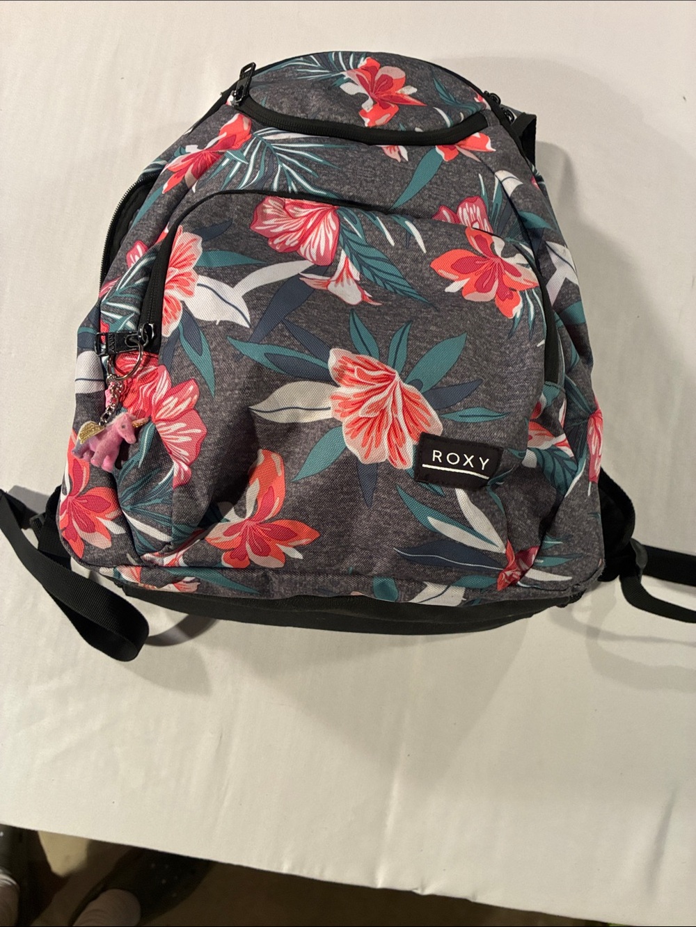 Roxy Grey Backpack with Pink & Teal Floral Print